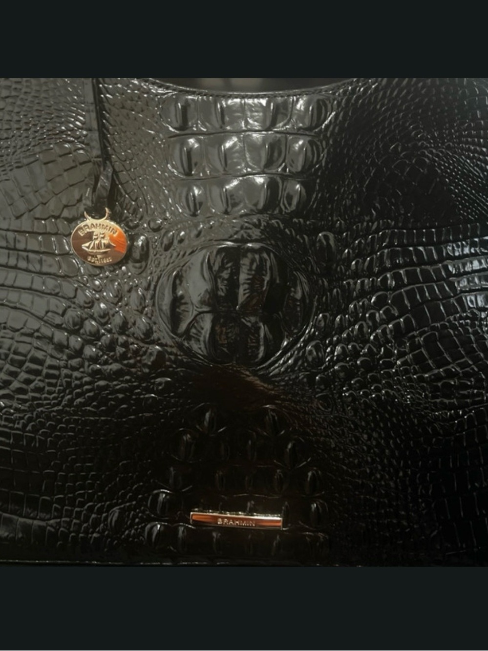 Brahmin Glossy Black Croc-Embossed Tote